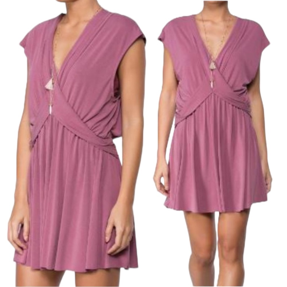 Free People Cupro Cap Sleeve Criss Cross Front Mini Dress Mulberry Size Large